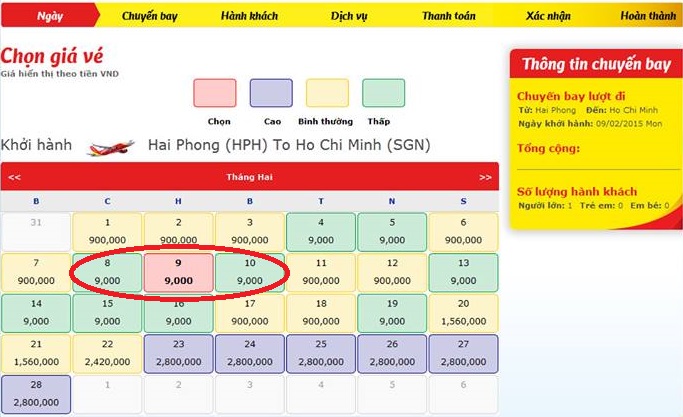 Hình ảnh vé máy bay Tết 2015 Hải Phòng đi HCM 9K