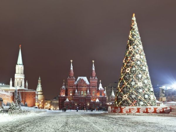 Cây thông giữa quảng trường tuyết trắng ở Nga