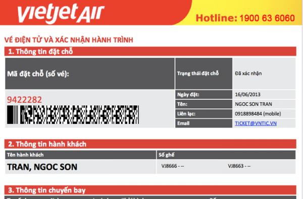 Một mẫu vé máy bay điện tử của Vietjet Air (có thể sẽ khác với hiện tại)