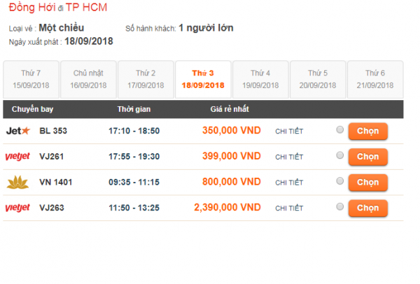 giá vé máy bay từ Đồng Hới đi TPHCM