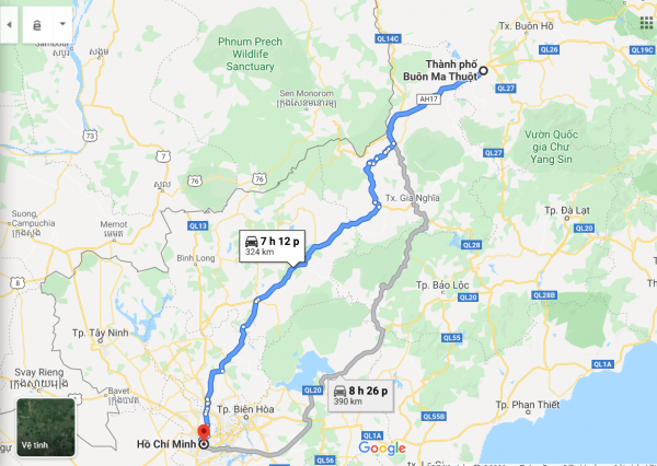 Chặng đường từ Buôn Mê Thuột đi Sài Gòn dài khoảng 324km
