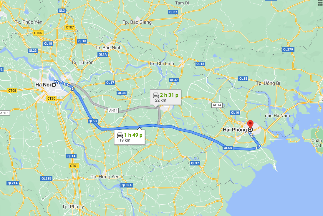 Khoảng cách từ Hà Nội đến Hải Phòng là 119km