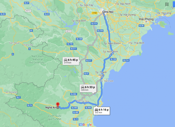 Theo Google Maps thì khoảng cách từ Hà Nội đến Nghệ An là 332km