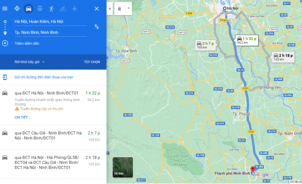 Theo Google Maps thì khoảng cách từ Hà Nội đến Ninh Bình là 95km