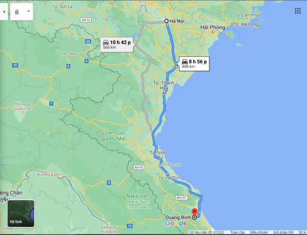 Quãng đường đi từ Hà Nội đến Quảng Bình kéo dài 488km