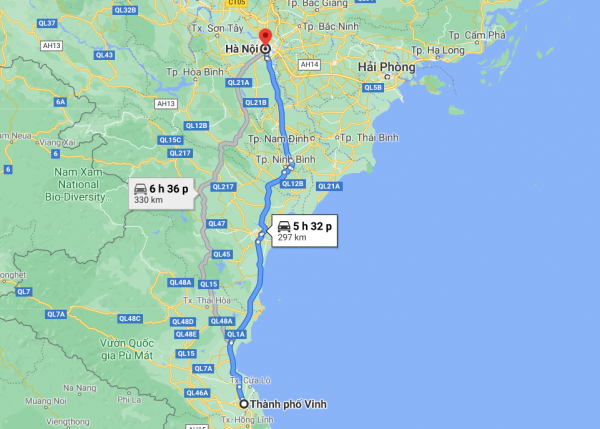 Theo Google Maps thì khoảng cách từ Vinh đến Hà Nội là 297km 