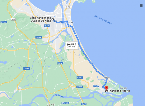 Từ sân bay Đà Nẵng đến Hội An theo Google Maps là khoảng 30km.