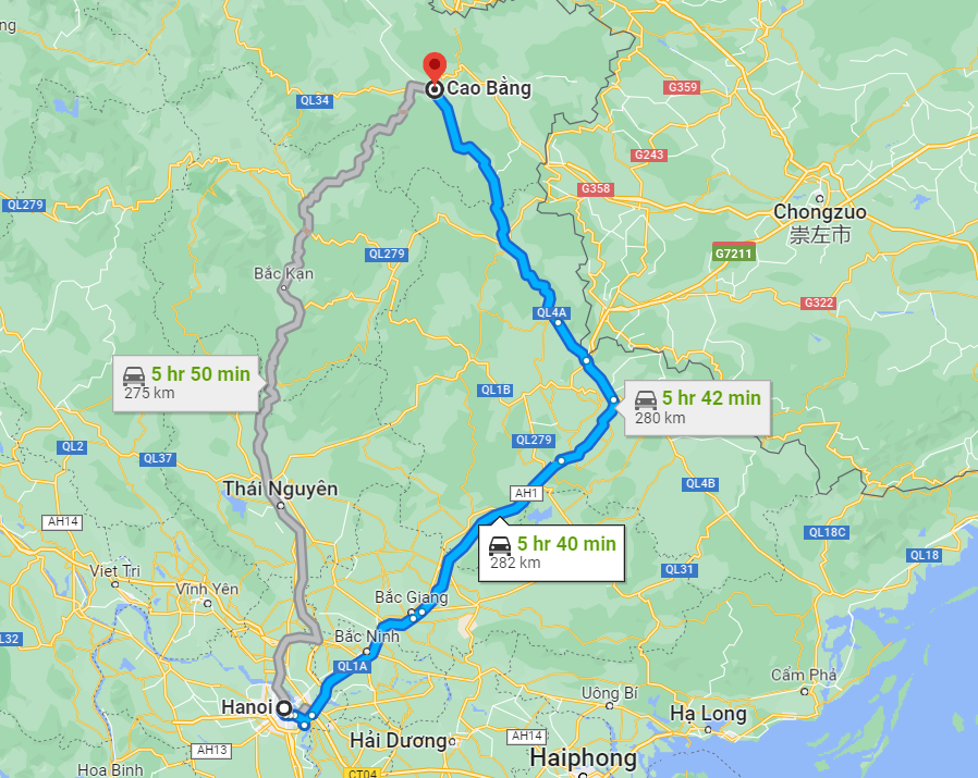 Quãng đường từ Hà Nội tới Cao Bằng dài khoảng 282 km