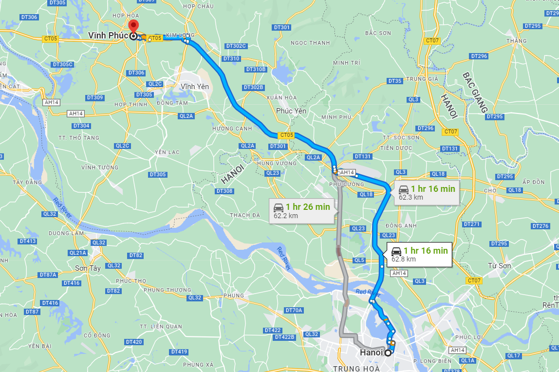 Khoảng cách từ Hà Nội đến Vĩnh Phúc bao nhiêu km?