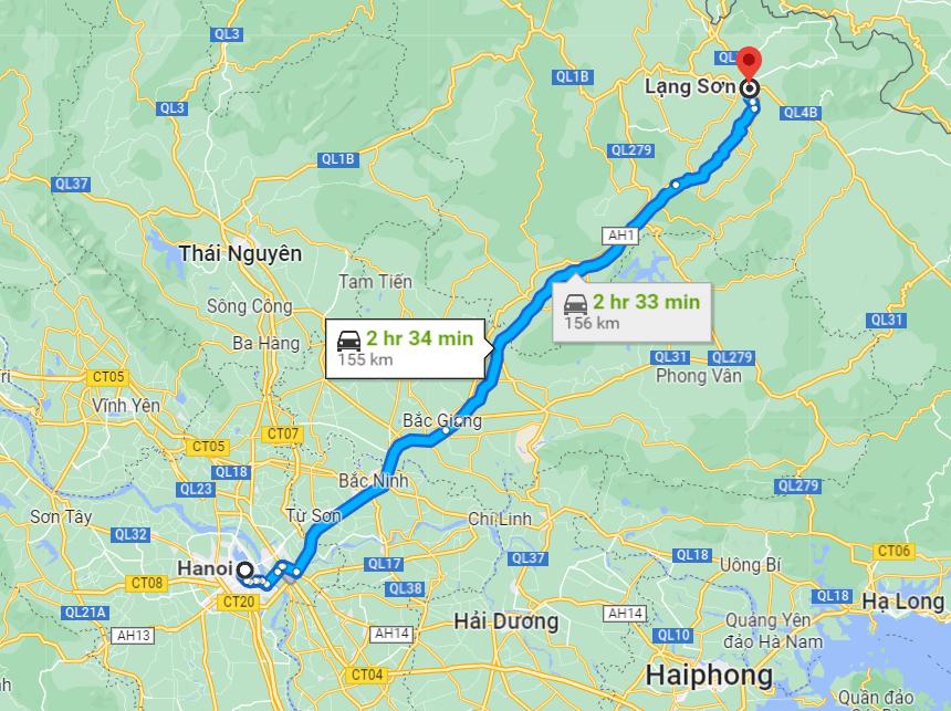 Khoảng cách từ Hà Nội tới Lạng Sơn trải dài khoảng 155km