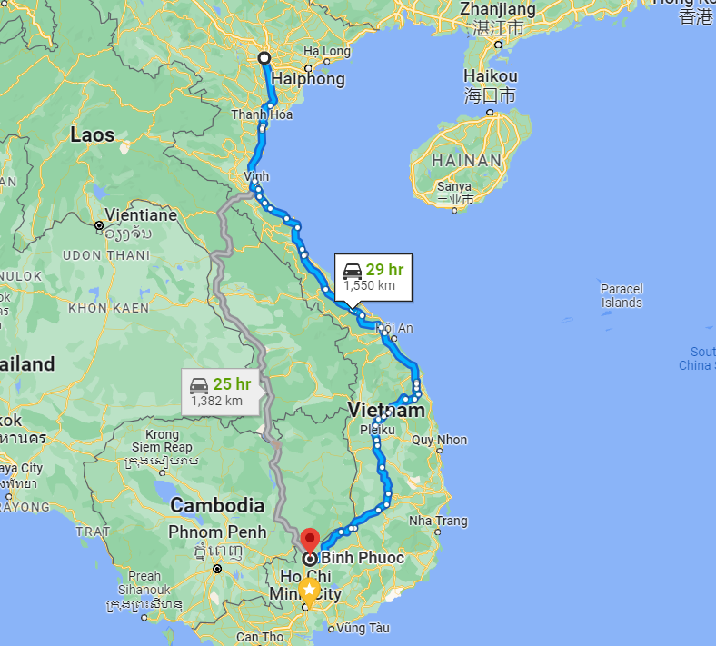 Khoảng cách từ Hà Nội đến Bình Phước khoảng 1,550 km