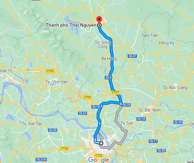 Theo Google Maps thì tuyến đường từ Thủ đô Hà Nội tới Thái Nguyên trải dài khoảng 70km