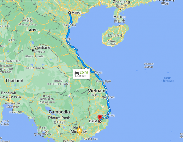 Theo Google Maps thì từ Hà Nội đến Đà Lạt là khoảng 1.426 km