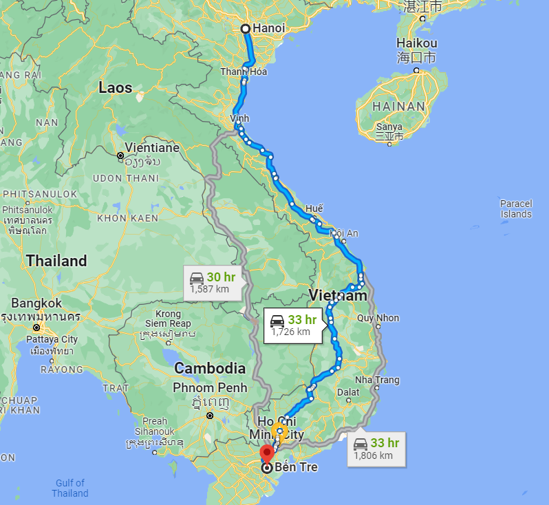 Khoảng cách từ thành phố Hà Nội đến Bến Tre theo Google Maps là 1,726 km