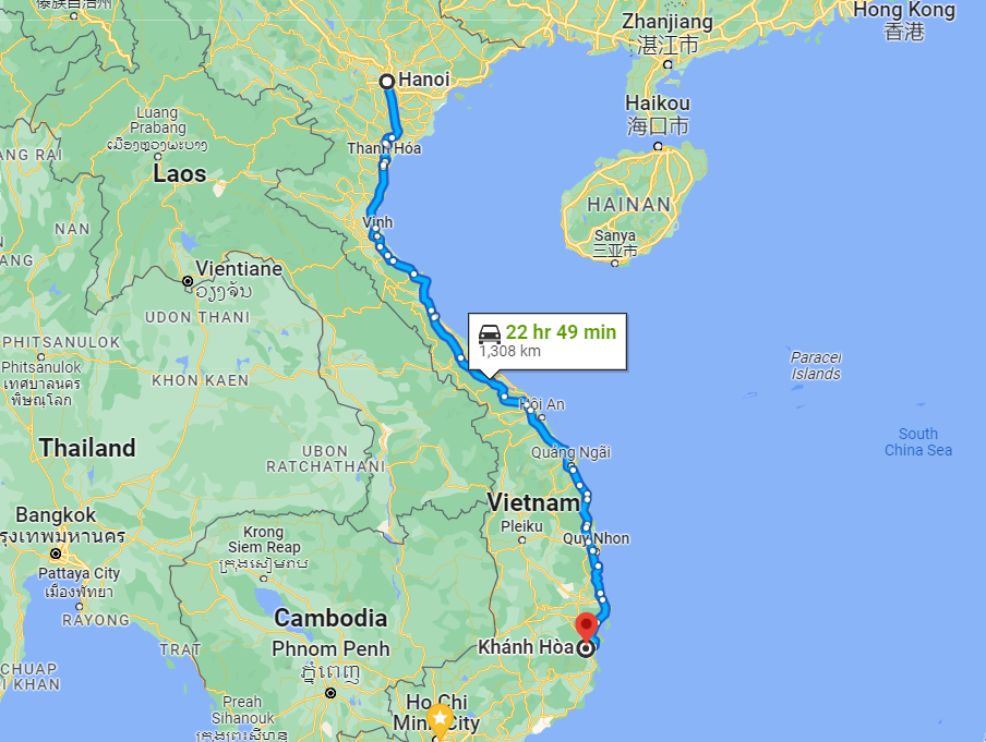 Khoảng cách từ Hà Nội đến Khánh Hoà bao nhiêu km?