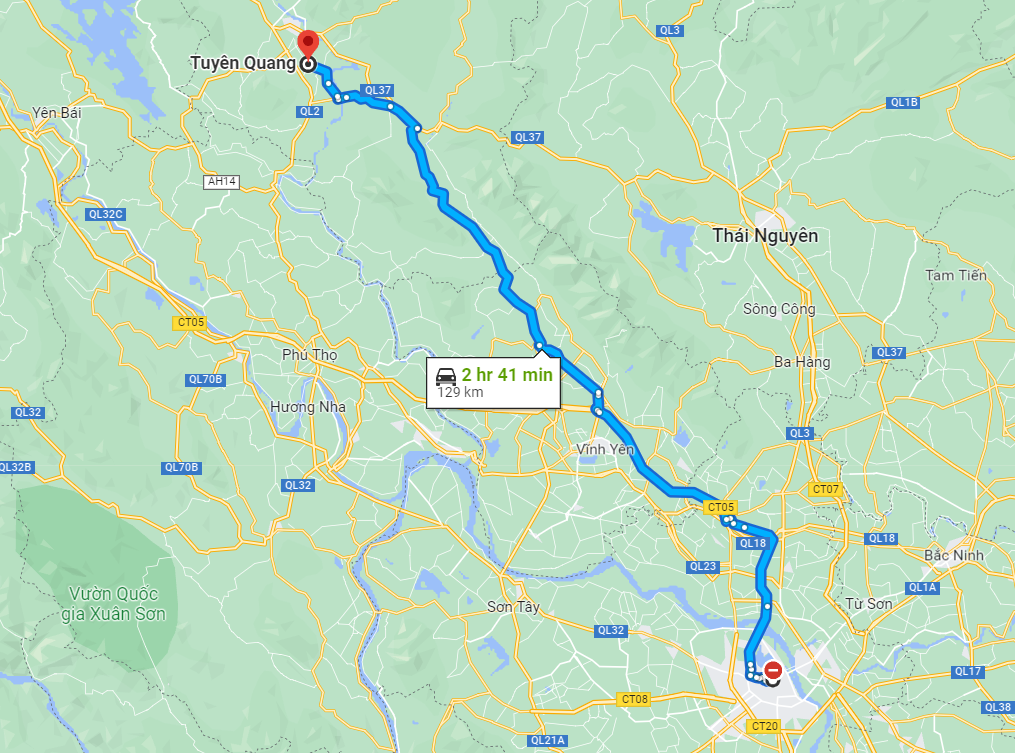 Theo Google Maps thì khoảng cách giữa Hà Nội và Tuyên Quang là khoảng 129km