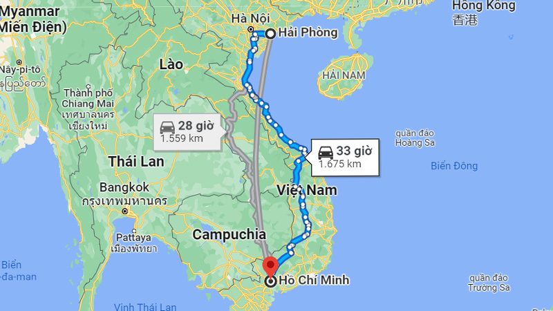 Khoảng cách từ Hải Phòng đến Sài Gòn bằng đường bộ khoảng 1,698km