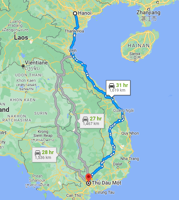 Khoảng cách từ Hà Nội đến Bình Dương bao nhiêu km?