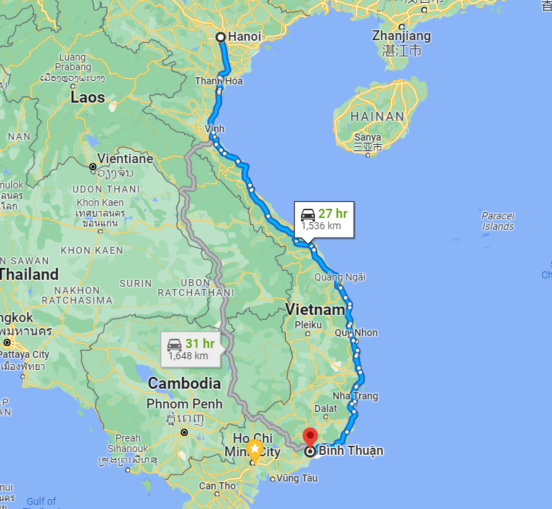 Khoảng cách từ Hà Nội đến Bình Thuận bao nhiêu km?