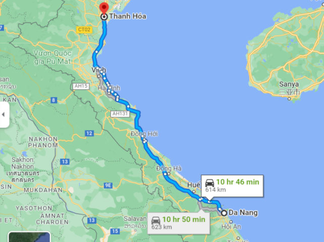 Khoảng cách từ Đà Nẵng đến Thanh Hóa bao nhiêu km?
