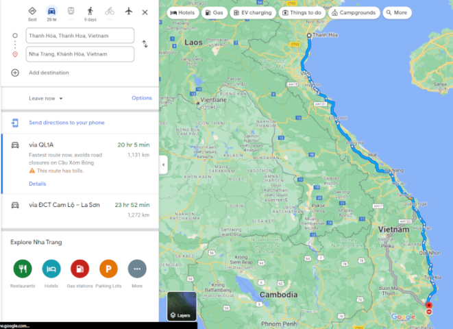 Theo Google Maps thì khoảng cách từ Thanh Hoá đến Nha Trang là 1,152 km