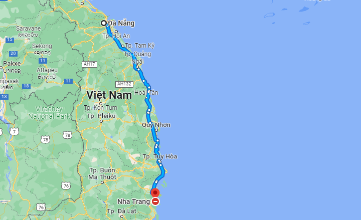 Khoảng cách từ Đà Nẵng đến Nha Trang bao nhiêu km?