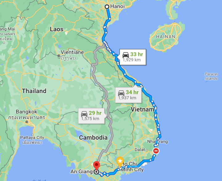 Khoảng cách từ Hà Nội đến An Giang bao nhiêu km?