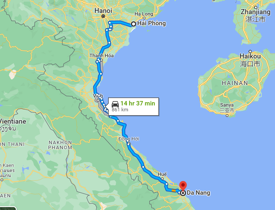 Khoảng cách từ Hải Phòng đến Đà Nẵng là 837 km