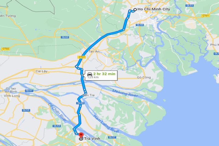 Từ Sài Gòn (Thành phố Hồ Chí Minh) đến Trà Vinh có khoảng cách khoảng 124km