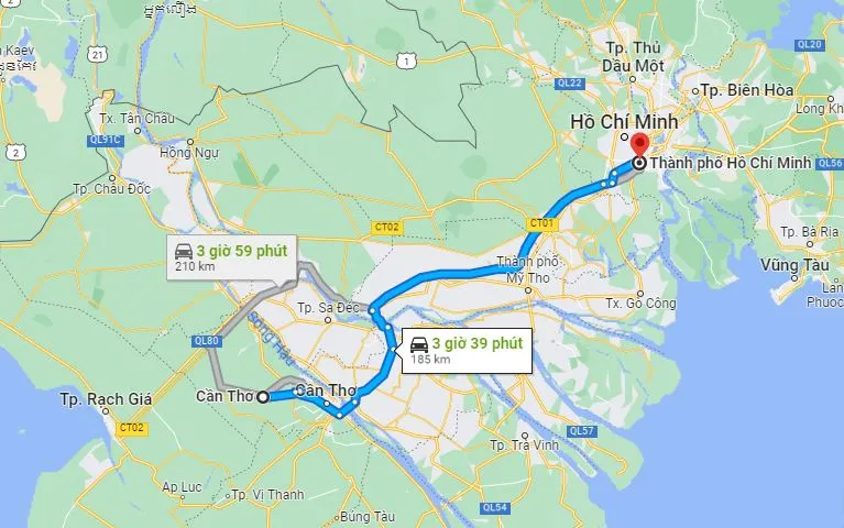 Khoảng cách ngắn nhất từ Cần Thơ đi Sài Gòn (TPHCM) là 185km