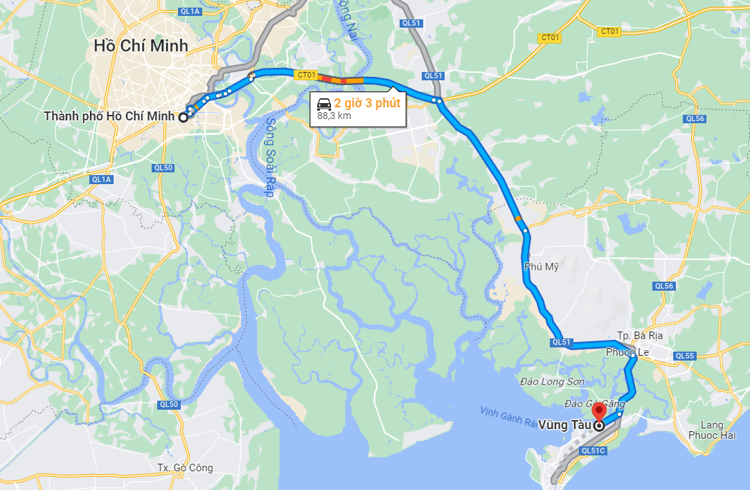 Khoảng cách từ Sài Gòn đến Vũng Tàu khoảng 88,3km