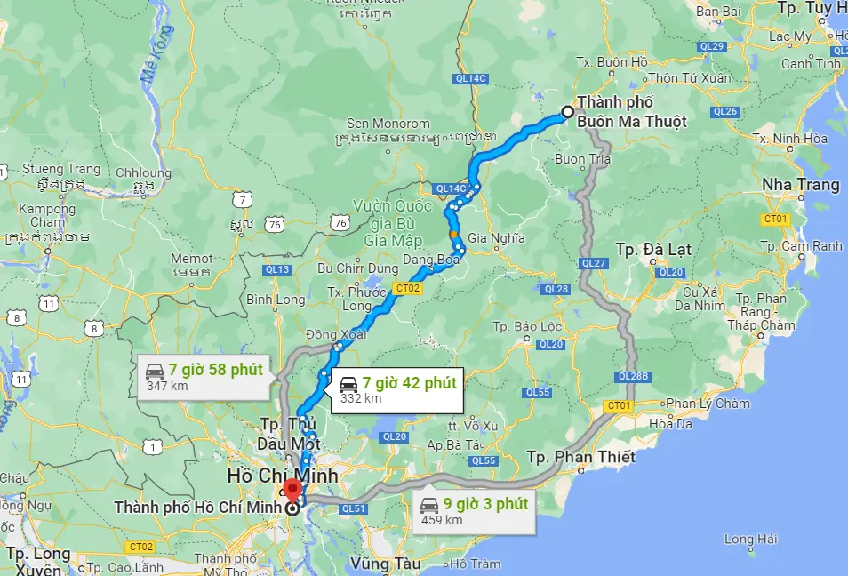 Chặng đường từ Buôn Mê Thuột đi Sài Gòn dài khoảng 332km