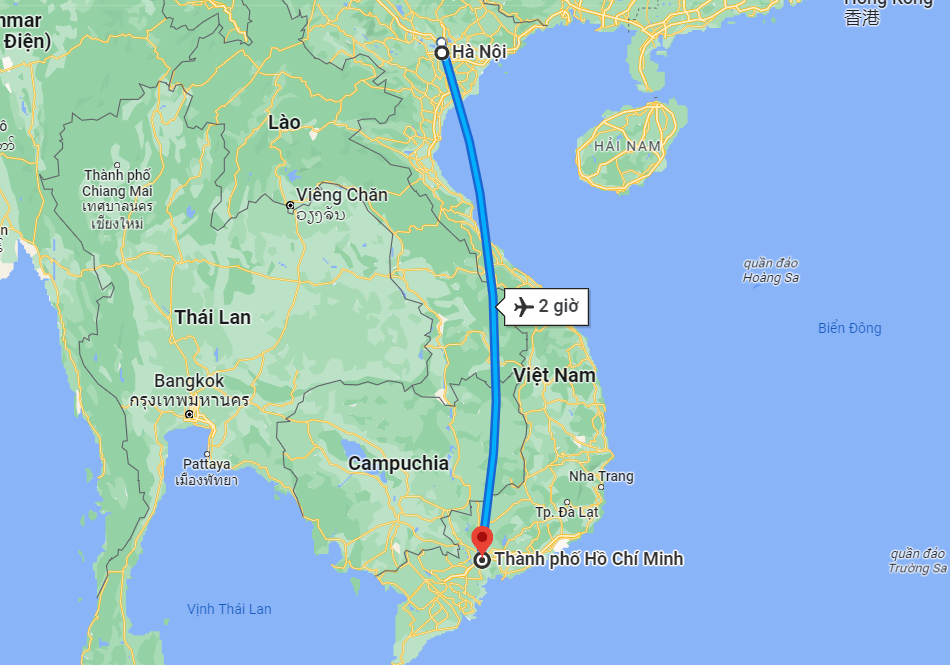 Thời gian đi máy bay từ Hà Nội vào Sài Gòn trung bình là 2 giờ đồng hồ